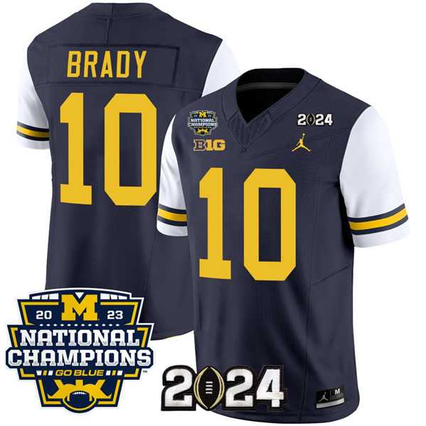 Mens Michigan Wolverines #10 Tom Brady Navy White 2024 F.U.S.E. With 2023 National Champions Patch Stitched Jersey
